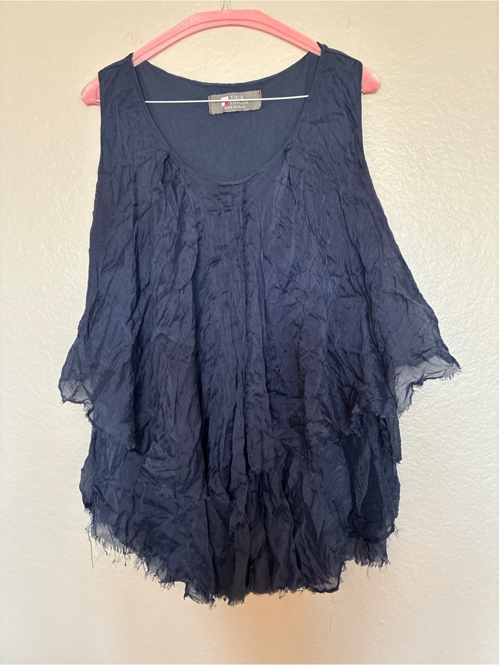 Tina Stephens Made in Italy Navy Crinkle Layered Tank Top 100% Silk Size M Y2K